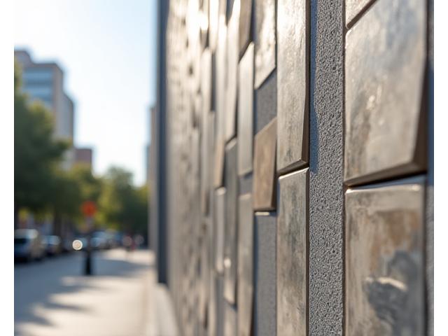 Abstrakt keramisk facade i bymiljø
